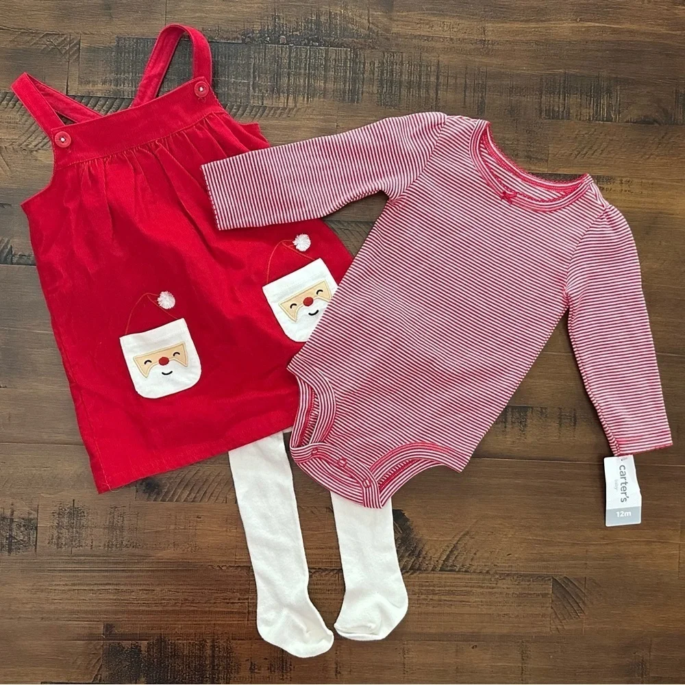 NWT carters santa claus jumper dress 12 mos 3 pc shirt tights Christmas‎
